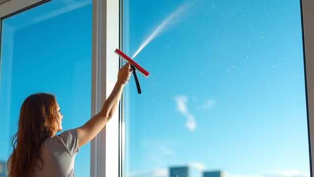 プロによる窓ガラス清掃、完璧に透明な窓から見える晴れた青空